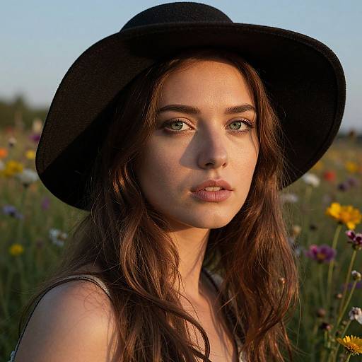 Photograph of a young woman with fair skin, green eyes, and long brown hair, wearing a black hat, standing in a sunlit meadow