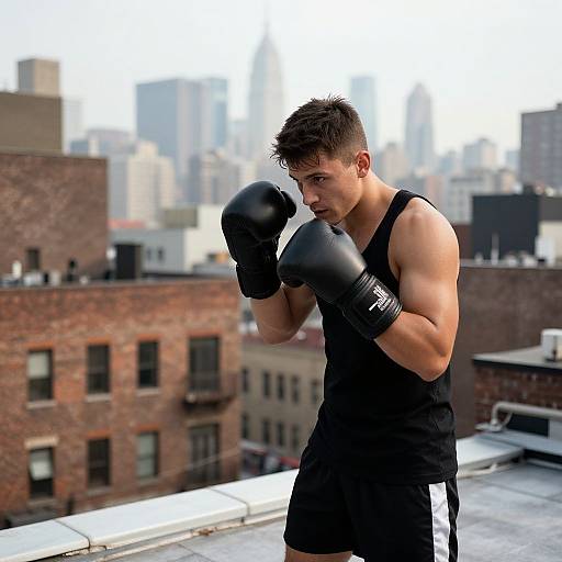 Photograph of a muscular, young white man with short brown hair, wearing a black tank top and black boxing gloves, standing on a rooftop with an