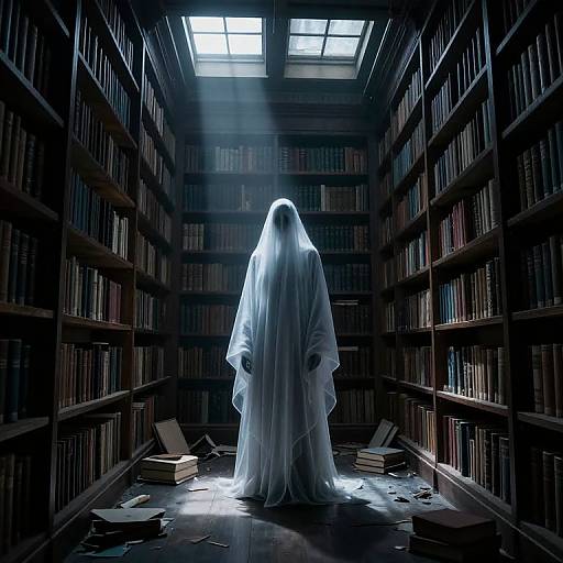 Ghostly Figure in Dimly Lit Library