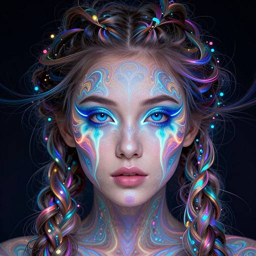 Digital artwork of a young woman with glowing blue and neon tribal face paint, colorful braided hair, and vibrant, ethereal background.
