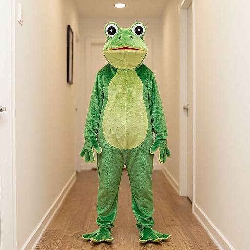 Photograph of a person in a green frog costume with large eyes and a light green belly, standing in a white hallway with wooden flooring.