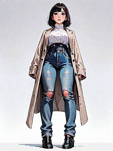 Realistic Comic-Style Woman in Trench and Denim