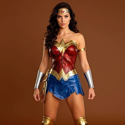 Photograph of a woman with long, wavy dark hair, wearing Wonder Woman's iconic red bustier, blue skirt, gold tiara, silver