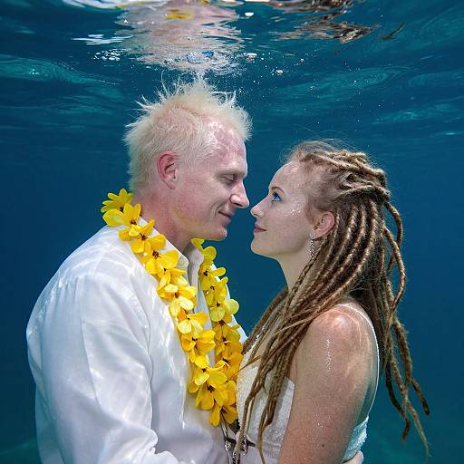 Underwater photograph of a couple with white hair and dreadlocks, wearing yellow flower leis, gazing intimately, blue water background.