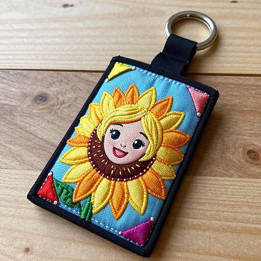 Embroidered keychain with bright, colorful, cartoon sunflower face on blue background, featuring yellow petals, brown center, green leaves, and red