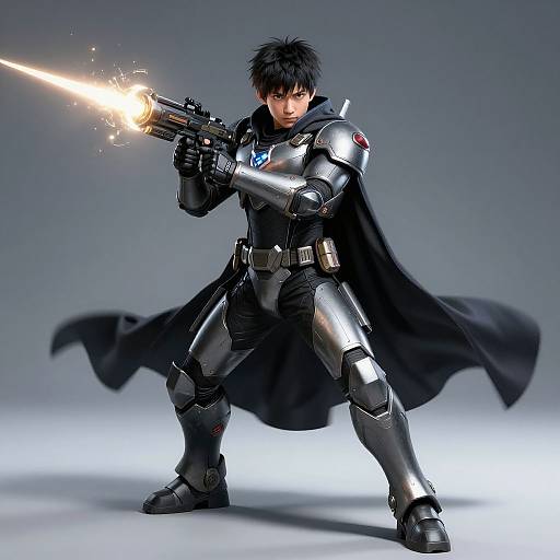 Digital artwork of an anime-style male warrior in black metallic armor, black cape, firing a glowing laser gun, standing in a dynamic pose against a gradient