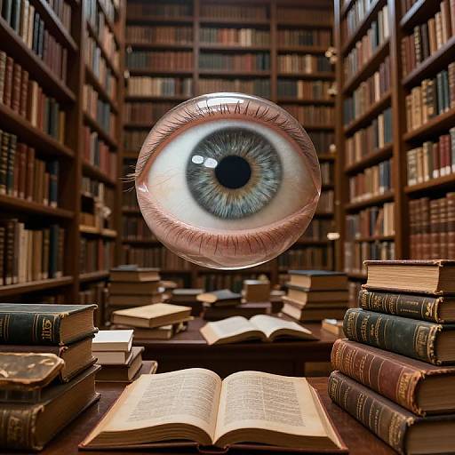 Photograph of a library with floating realistic eye in the center, surrounded by stacked books and open books on wooden tables.