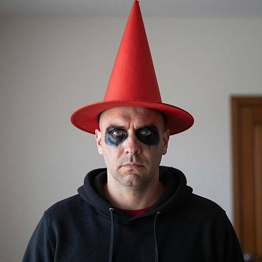 Man in Halloween Costume with Red Cone Hat