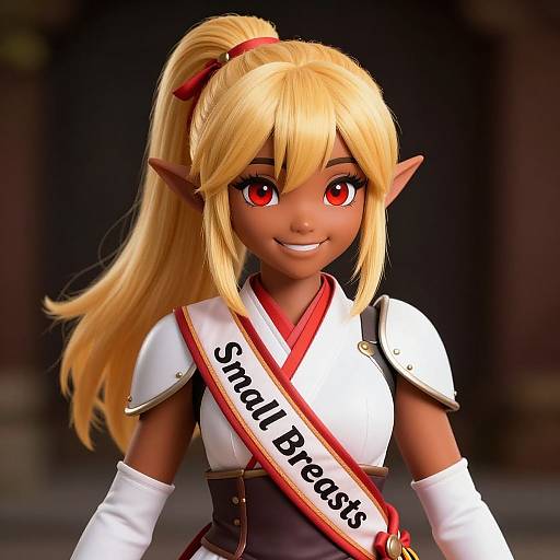 Digital CGI of a blonde elf woman with red eyes, pointed ears, white armor, red sash with 