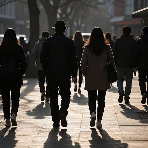 Silhouetted pedestrians walk down a sunlit urban sidewalk, backlit by the setting sun, casting long shadows on the pavement.