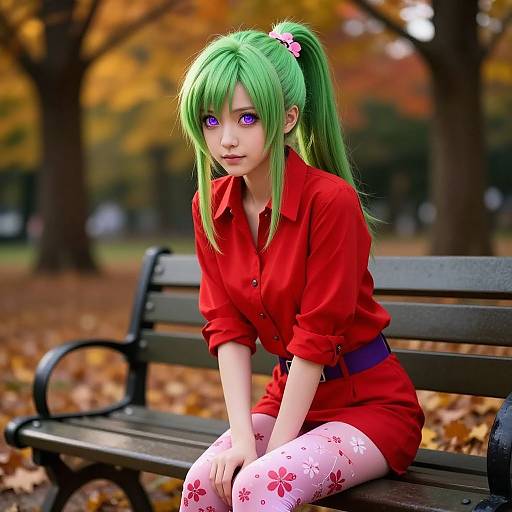 Digital anime-style drawing of a green-haired girl with purple eyes, wearing a red shirt, black belt, and white floral leggings, sitting on a black