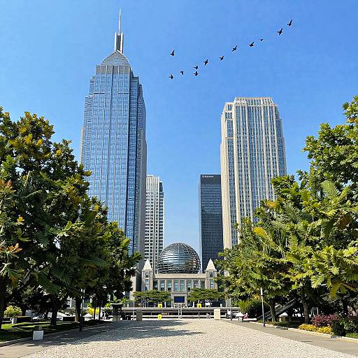 Vibrant Cityscape with Dome and Birds