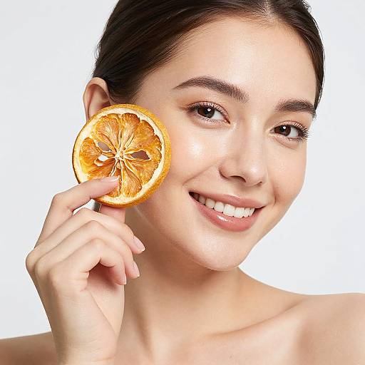Photograph of a smiling young woman with fair skin and dark hair, holding a peeled orange slice against her right ear, against a white background.
