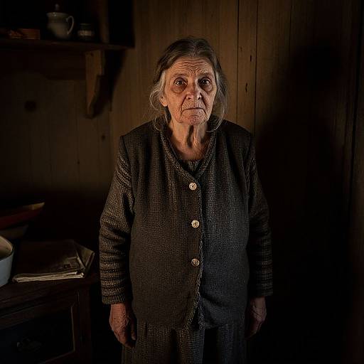Photograph of an elderly woman with weathered skin, gray hair, and deep wrinkles, wearing a dark buttoned cardigan, standing in a dim