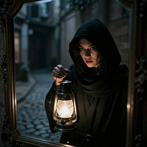 Photograph of a mysterious woman in a black hooded cloak, holding a glowing lantern, reflected in a window on a cobblestone, dimly
