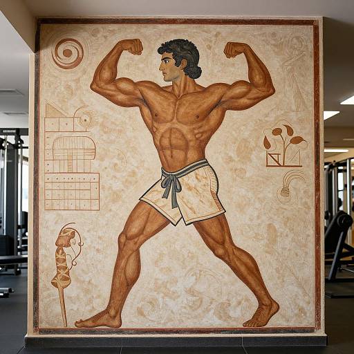 Photograph of a muscular, dark-skinned male with curly black hair, flexing, in white loincloth, ancient Egyptian-style art on beige