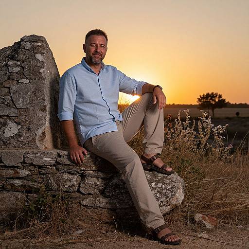 Photograph of a bearded man in a light blue shirt and beige pants, sitting on a stone ruin at sunset.