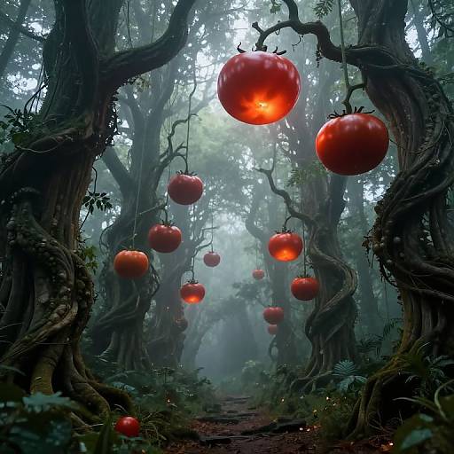 Mysterious forest with twisted, gnarled trees, illuminated by glowing, red, apple-like orbs hanging from branches, creating a magical, eerie ambiance