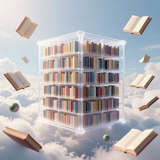 Floating neon-lit library cube in a bright blue sky with open books and a globe surrounding it. Digital art.