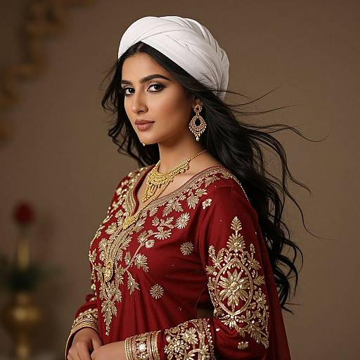 Elegant Woman in Red and Gold Attire