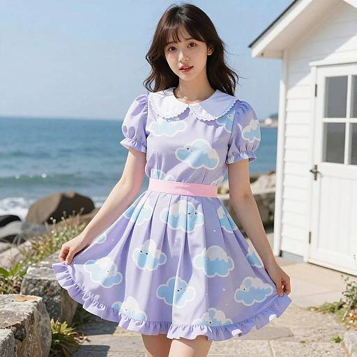 Whimsical Kawaii Woman by Seaside Cottage