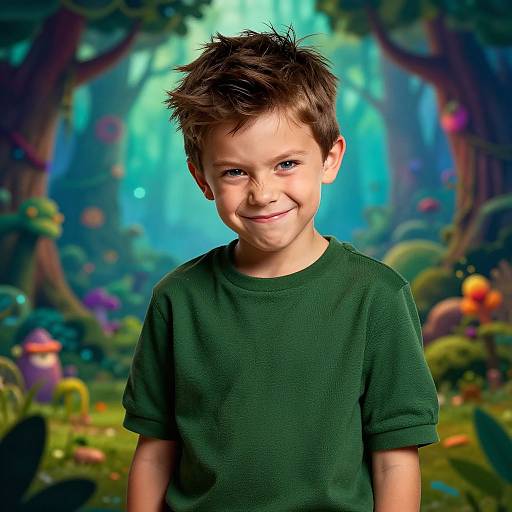 Photograph of a smiling young boy with tousled brown hair, wearing a green shirt, standing in a vibrant, enchanted forest backdrop.