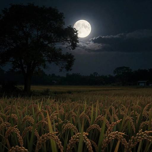 Ultra-Detailed Moonlit Rice Field Landscape