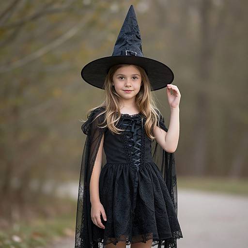 Photograph of a young blonde girl in a black witch costume with a pointed hat, lace dress, and sheer cape, standing on a blurred forest path