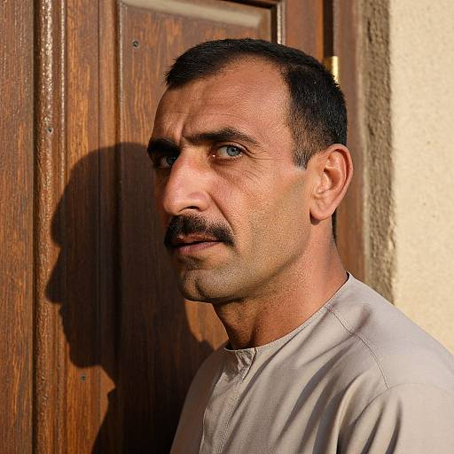 Photograph of a middle-aged man with short black hair, mustache, light brown skin, wearing a beige shirt, standing in front of a wooden