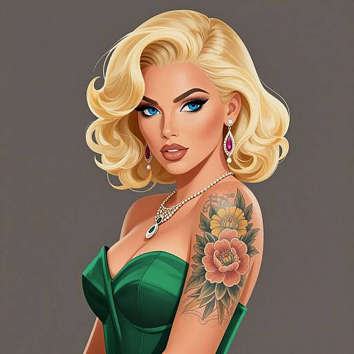 Digital illustration of a blonde woman with blue eyes, wearing a green strapless dress, showcasing a colorful flower tattoo on her shoulder, against a gray background