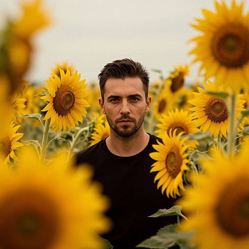 Photograph of a serious, bearded man with short brown hair, wearing a black shirt, standing amidst a vibrant sunflower field.
