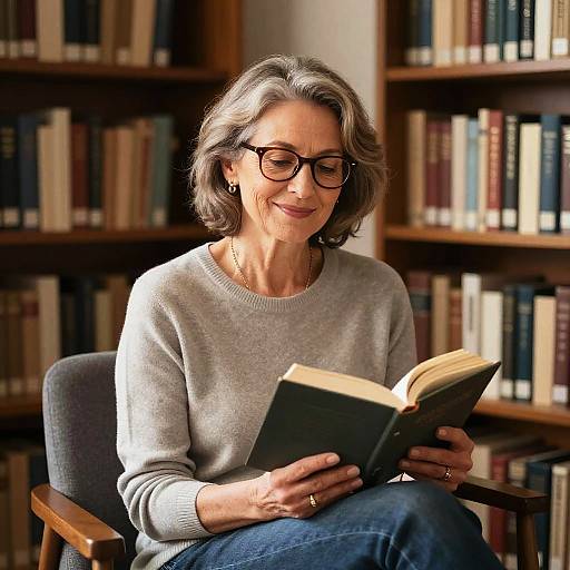 Photograph of an elderly woman with short gray hair, black glasses, gray sweater, and blue jeans, reading a book in a sunlit library.
