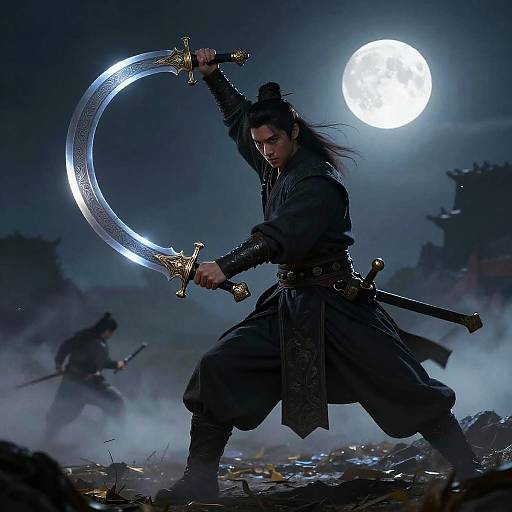 Ancient Warrior with Glowing Circular Sword