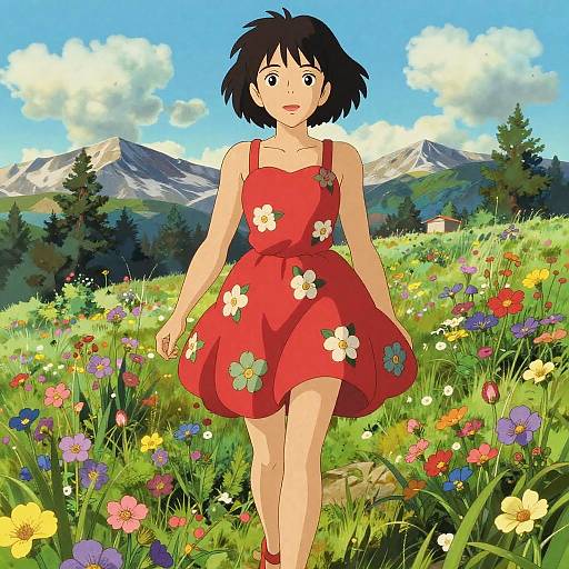 Woman in Red Skater Dress in Wildflowers