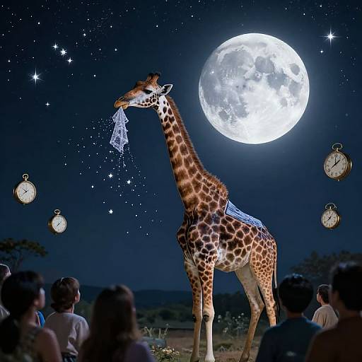 Photograph of a giraffe with a netted mouth, standing under a bright full moon, surrounded by floating clocks, with a starry night sky