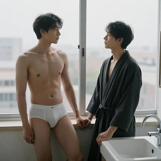 Two Men Holding Hands by Window in Bathroom