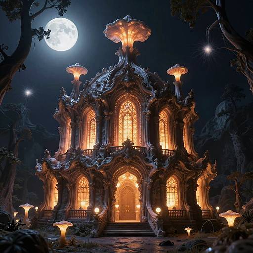 Bioluminescent Fungal Cathedral at Night