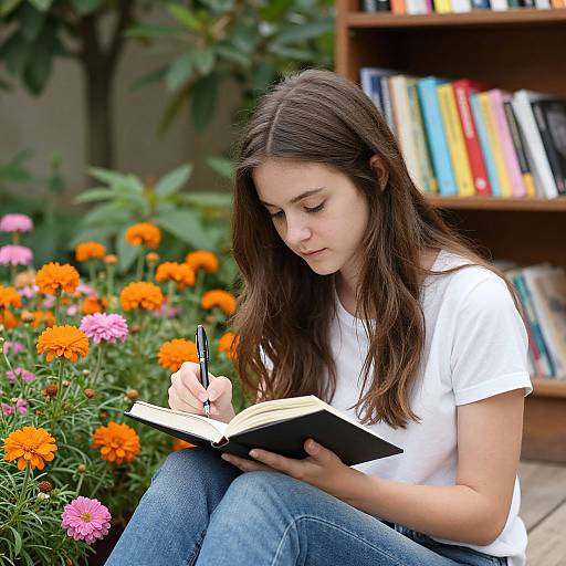 Photograph of a young woman with long brown hair, wearing a white t-shirt and blue jeans, sitting outdoors, writing in a notebook amidst colorful mar