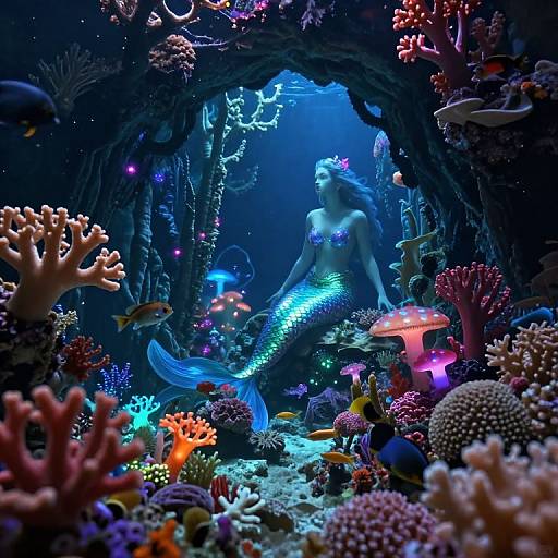 Photograph-style digital art of a glowing blue mermaid with a shimmering tail, surrounded by vibrant coral, colorful fish, and bioluminescent