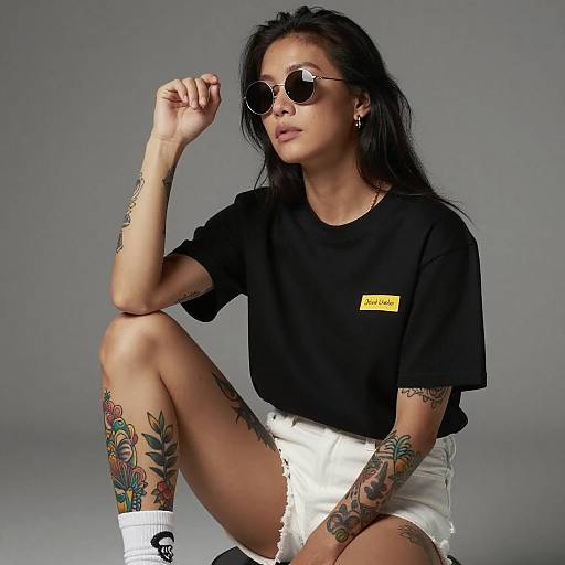 Tattooed Asian Woman in Casual Outfit