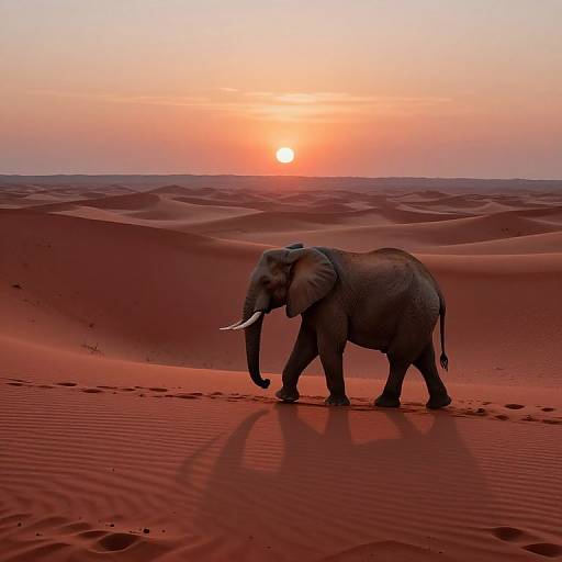Photograph of a lone elephant walking in a red, sandy desert at sunset, with the sun casting a warm orange glow.