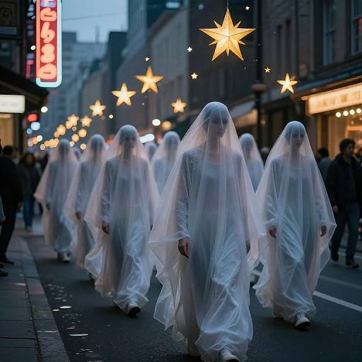 Photograph of a street parade at dusk featuring numerous ghostly figures in white, translucent sheets, with glowing yellow stars overhead. Urban background with illuminated signs