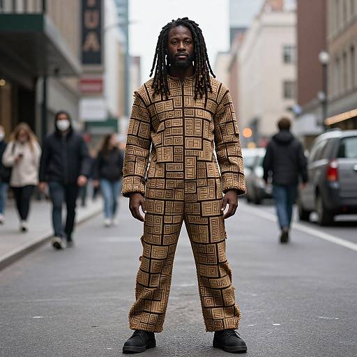 Photograph of a Black man with long dreadlocks, wearing a bold, geometric-patterned brown suit, standing confidently on a city street. Blurred
