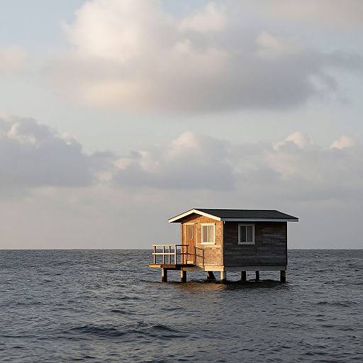 Photograph of a small, wooden, elevated beach house on calm ocean water, with a bright sun and scattered clouds in the sky.