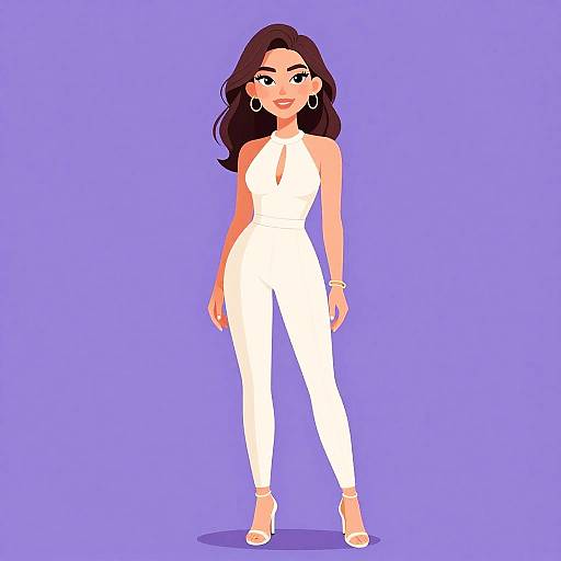 Digital illustration of a confident woman with long dark hair, wearing a white sleeveless jumpsuit, high heels, hoop earrings, and bracelet, standing against