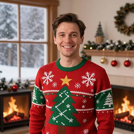 Photograph of a smiling man with short brown hair, wearing a red Christmas sweater with green tree and snowflake patterns, standing in a warmly lit living