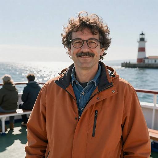 Man Standing on Boat with Lighthouse Background