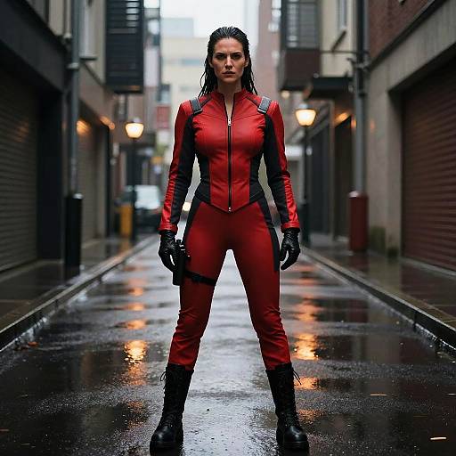 Photograph of a wet, serious-looking woman in a tight, red and black leather suit, black gloves, and boots, standing confidently in a rain