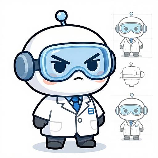 Chibi-style digital drawing of an angry, white, spherical robot with blue goggles, lab coat, blue tie, and black gloves, flanked by