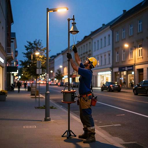Maintenance Worker Repairing Street Lamp in City Evening